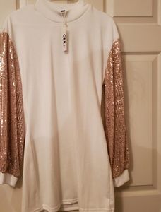 White long sleeve dress with bronze sequin sleeve